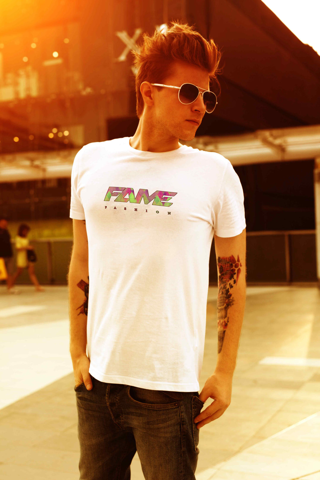 T-Shirt Fame Fashion White & Abstract Violet-Green large