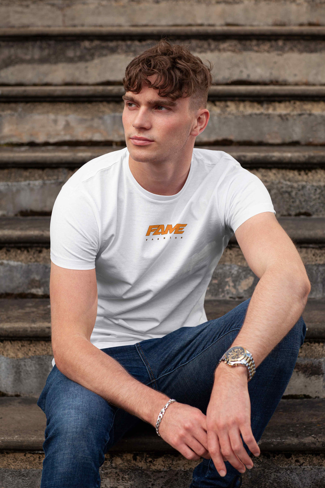 T-Shirt Fame Fashion White & Orange