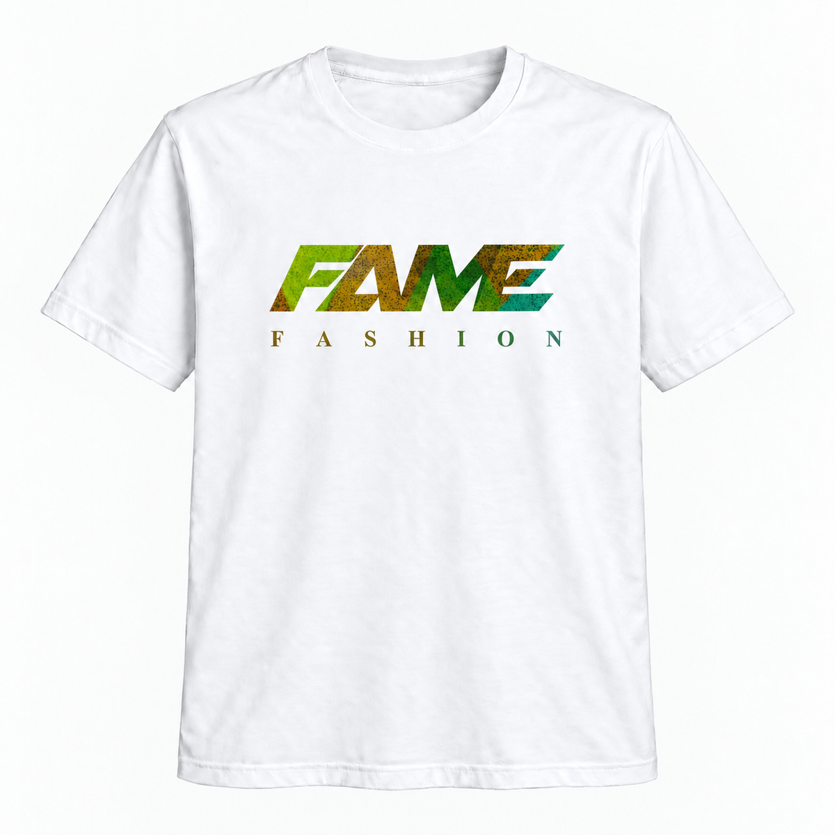 T-Shirt Fame Fashion White & Green-Brown Abstract small