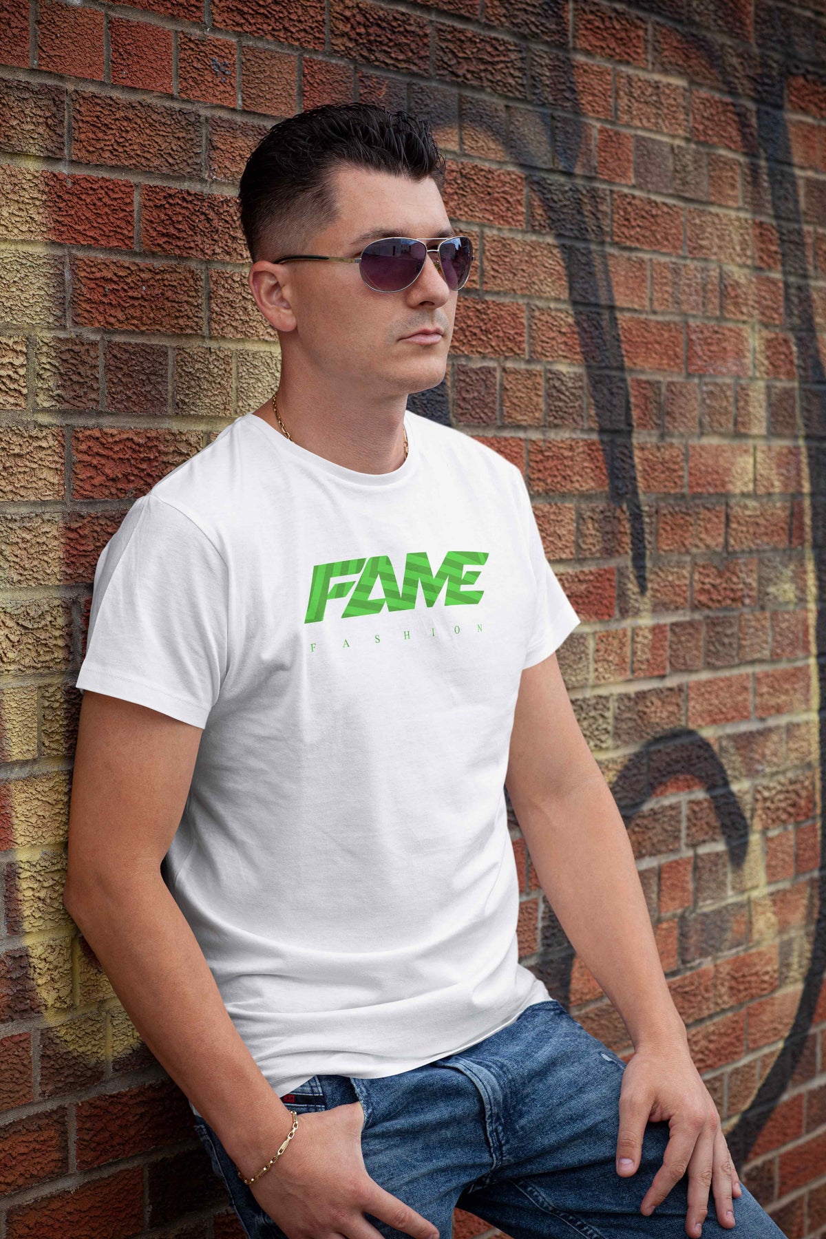 T-Shirt Fame Fashion White & Green Striped